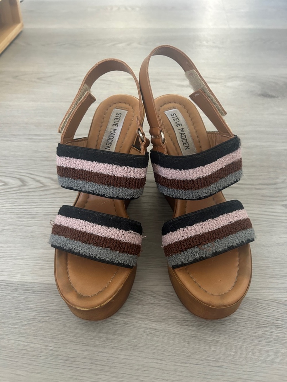 Steve Madden Tan Platform Slingback Sandals with Pink, Brown & Gray Stripes